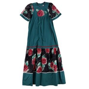 Vintage Shan-Ying Liberty House Dress Womens Small Teal Floral Maxi Hawaii 80s